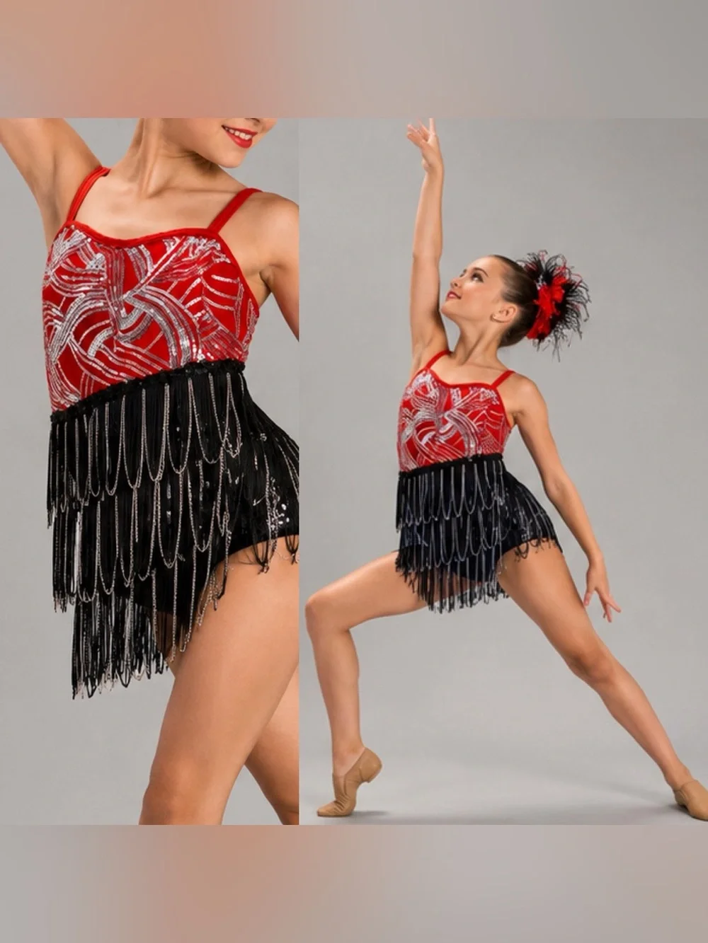 Glamour solo red black jazz broadway fringe Dance Costume MC child